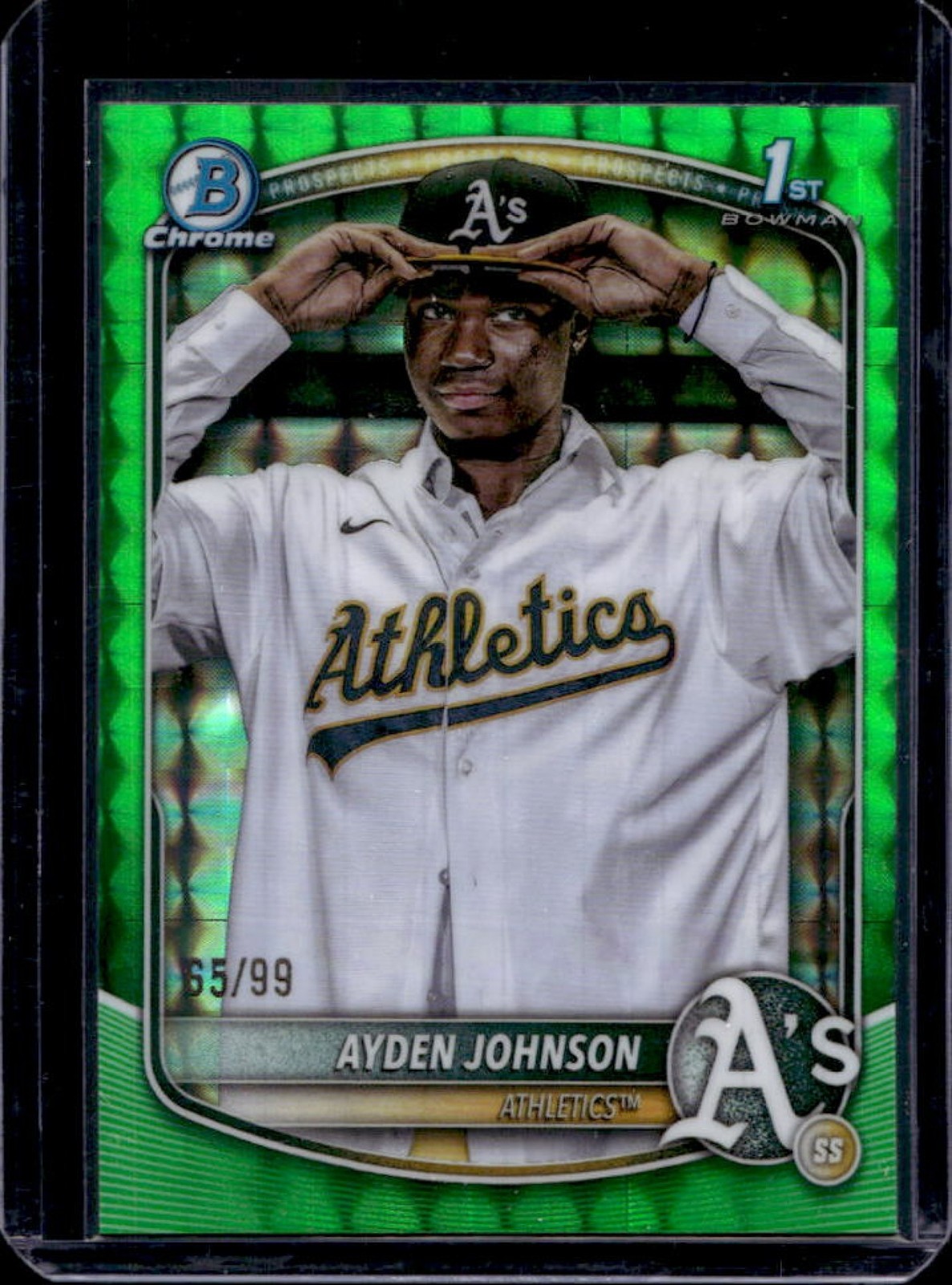 2025 Bowman Chrome Ayden Johnson Green Geometric Refractor 1st #/99 Athletics