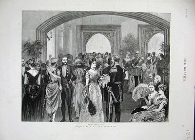 Original Old Antique Print 1887 Jubilee Ball Guildhall Library Stairs Dance Art