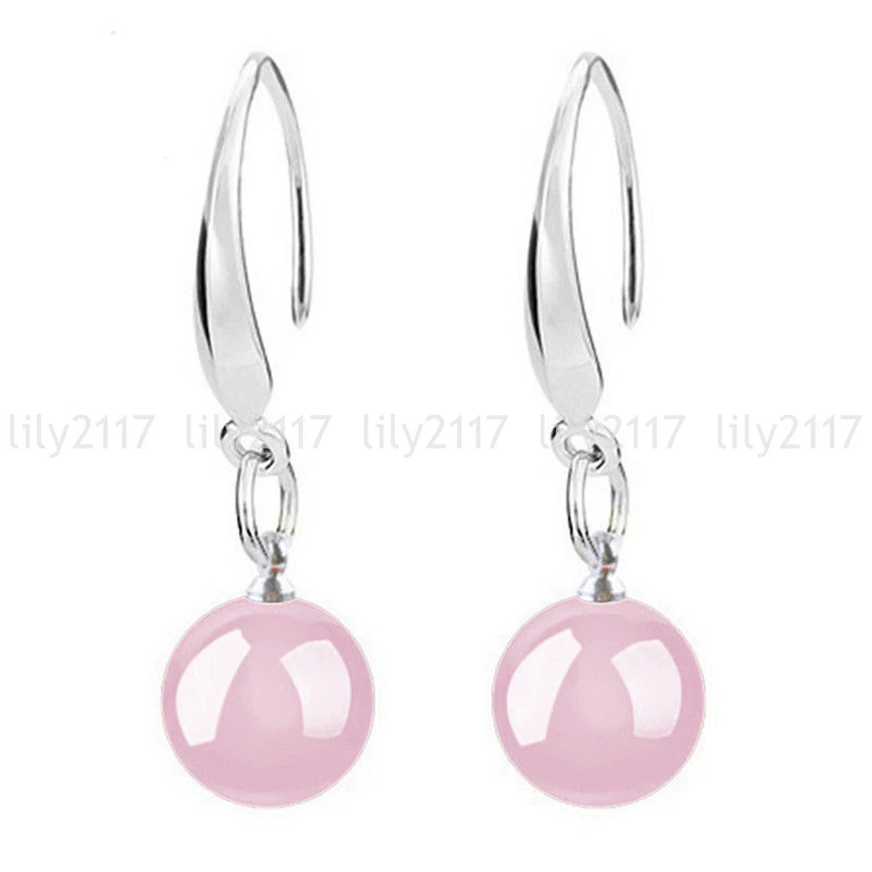 Natural 10mm Multicolor Jade Agate Round Gemstone Silver Hook Dangle Earrings - Image 4 of 4