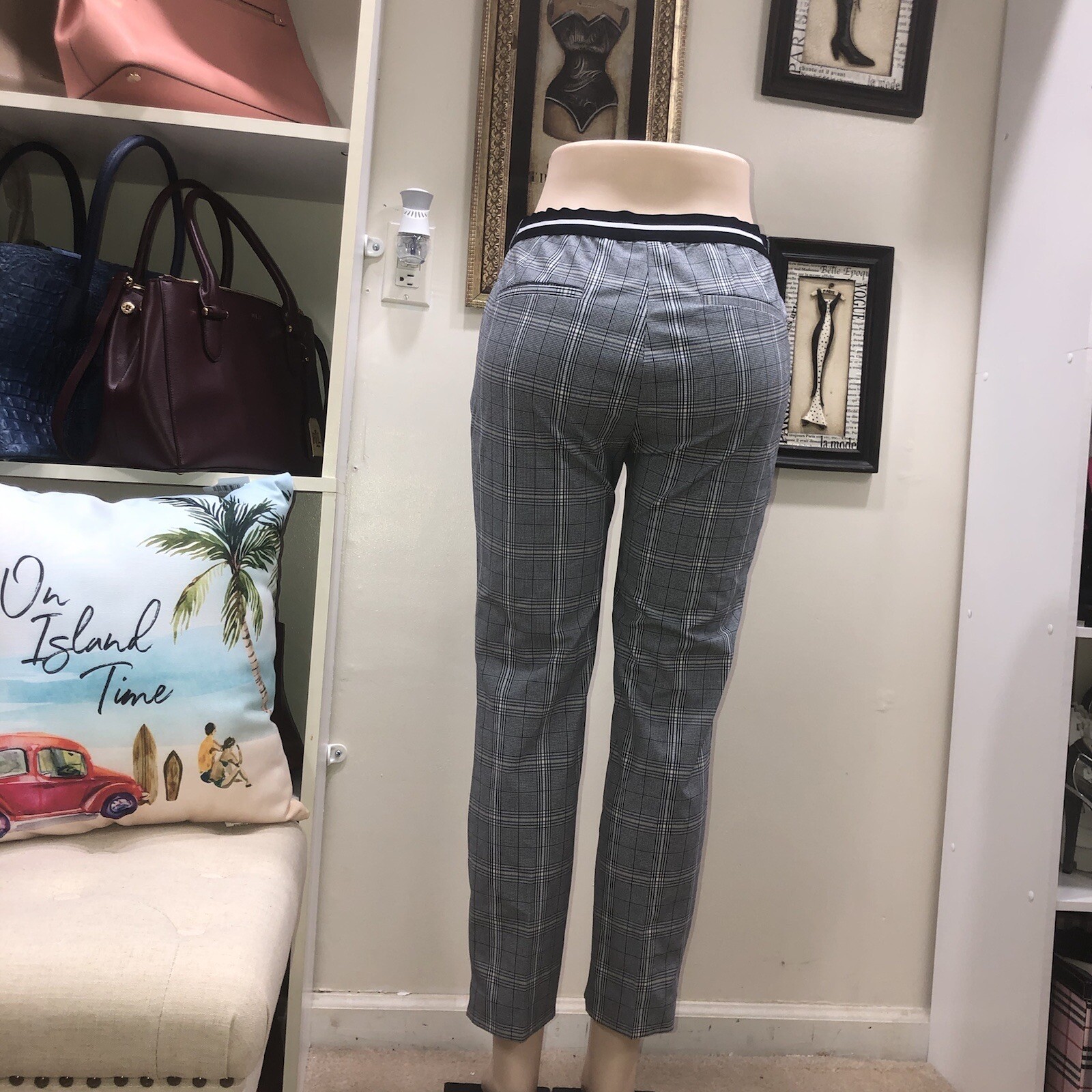Zara Basic Gray Checkered  Plaid Trousers Elastic… - image 9