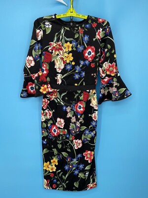 NY & Co Dress Womens XS Black Red Floral Bell Sleeve Knee Length Stretch 7th Ave