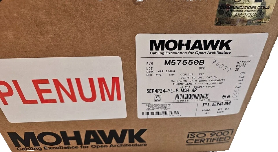 Cable Mohawk M57550B Cat5E 1000 ft, plenum de cobre, CMP, 24AWG 5EP4P24-YL-P-MOH-AP Foto 3 de 3