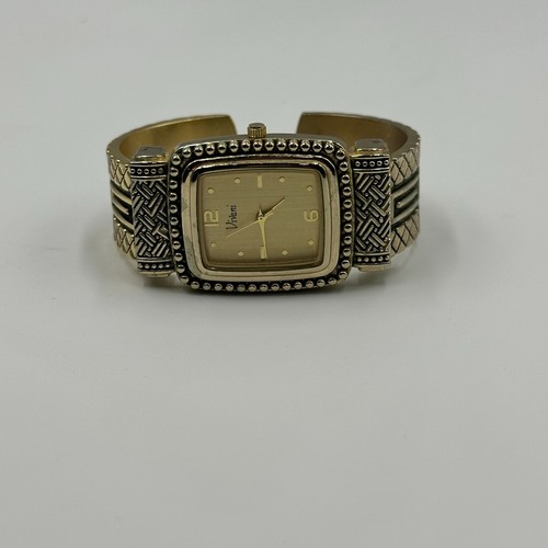 Vivani Watch Women Gold Tone Rectangular Cuff Bracelet Textured Band New Battery - Picture 5 of 13