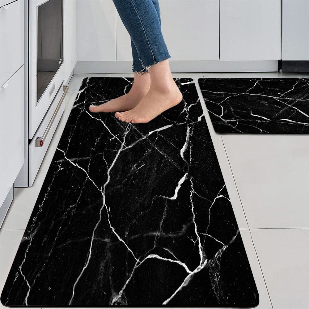 Black and White Marble Anti-Fatigue Kitchen Rugs Set Non-Skid Waterproof  Kitchen