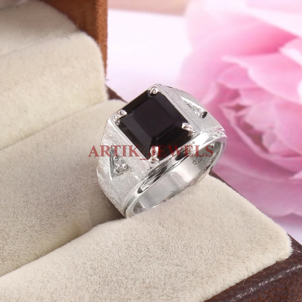 Natürlich Schwarzer Onyx Edelstein Mit 925 Sterlingsilber Ring für Herren #4596 - Bild 2 von 3