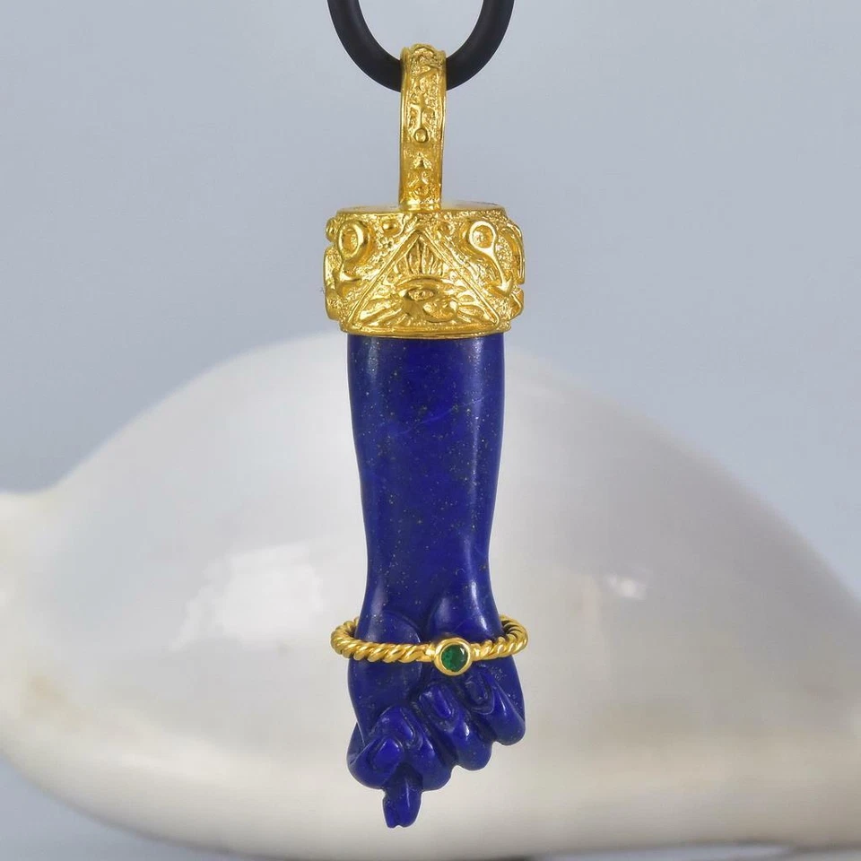 Gold Vermeil Sterling Mano Fico Figa Anhänger Geschnitzter Lapislazuli Smaragd - Bild 2 von 4