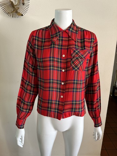 1940s Loop Collar Red Plaid Women’s Shirt Top Flap Pocket Holiday Blouse S VTG - Picture 5 of 24