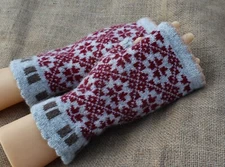 Knitted wool fingerless gloves, gray red arm warmers, size M unlined gloves