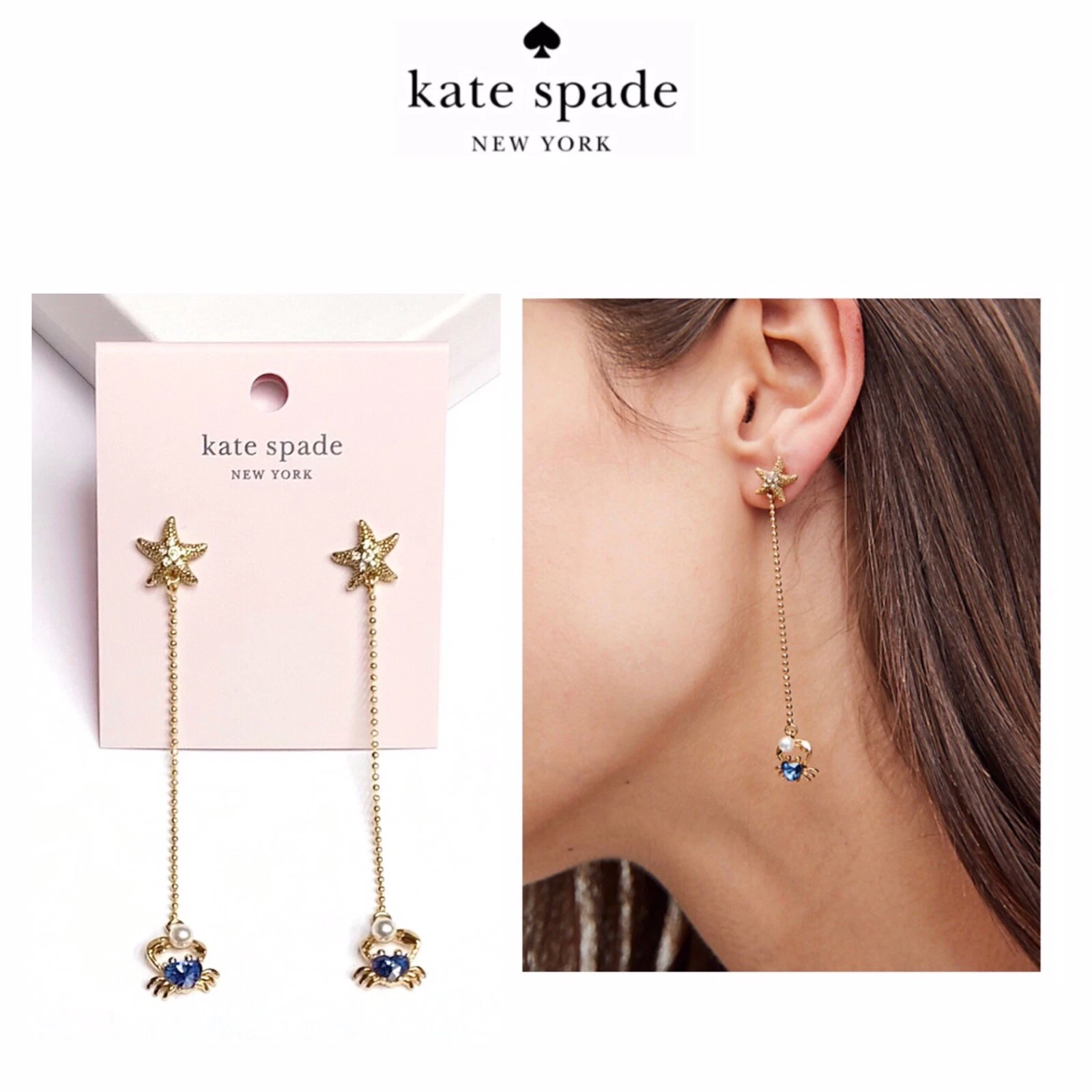 Orecchini a goccia nuovi con etichette Kate Spade SEA STAR GRANCHIO placcato oro 12 K zirconi pietra perla vetro