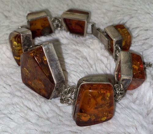 Vntg MCM Stunning Genuine Baltic Amber Bracele .925 Silver RARE Statement Piece - Picture 4 of 23