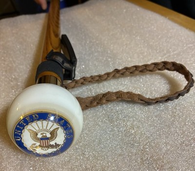 Wood Walking Cane Stick w/ Wrist Strap & United States Navy Emblem Knob Handle