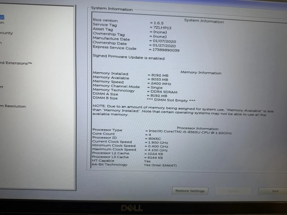 Dell Latitude 5500 i5-8365U 1.60GHz 8GB RAM No OS/HDD/SSD/Batt - Image 2 of 4