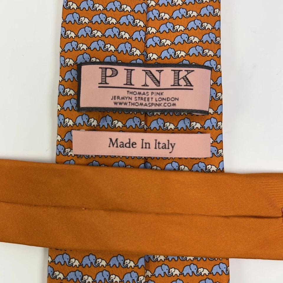 Corbata para hombre THOMAS PINK seda naranja azul elefantes hecha en Italia 3,25"X58" Foto 4 de 4