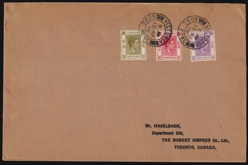 Hong Kong First Day Cover 1938 (13 AP) 10c, 15c & 30c Victoria To Canada