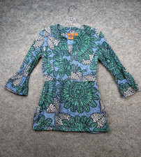 Tory Burch Top Womens 4 Blue Green Silk Blend Semi Sheer Tunic Boho Casual
