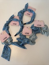 Scunci by Conair Lot of 5, 4-Scrunci, 2- Headband Blue White Paisley Satin Feel