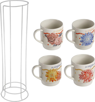 Set of 4 Jeweled Mosaic Stackable Coffee Tea Porcelain Mugs with Metal Counterto