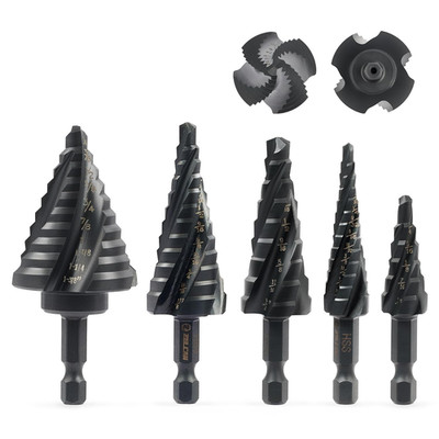 ZELCAN Step Drill Bit Set, 5PCS Four Spiral Flute Step Bits for Metal, 50 Sizes