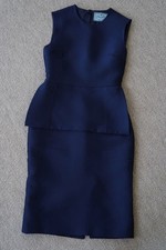 PRADA Peplum Dress Size M Navy Satin Back Ribbon Detail Elegant Style
