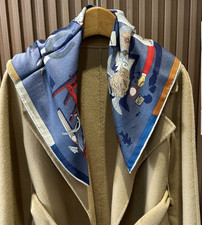 70 Cashmere 30 Silk Neckerchief 26'' Bandana Scarf Shawl Blue knight Print Wrap