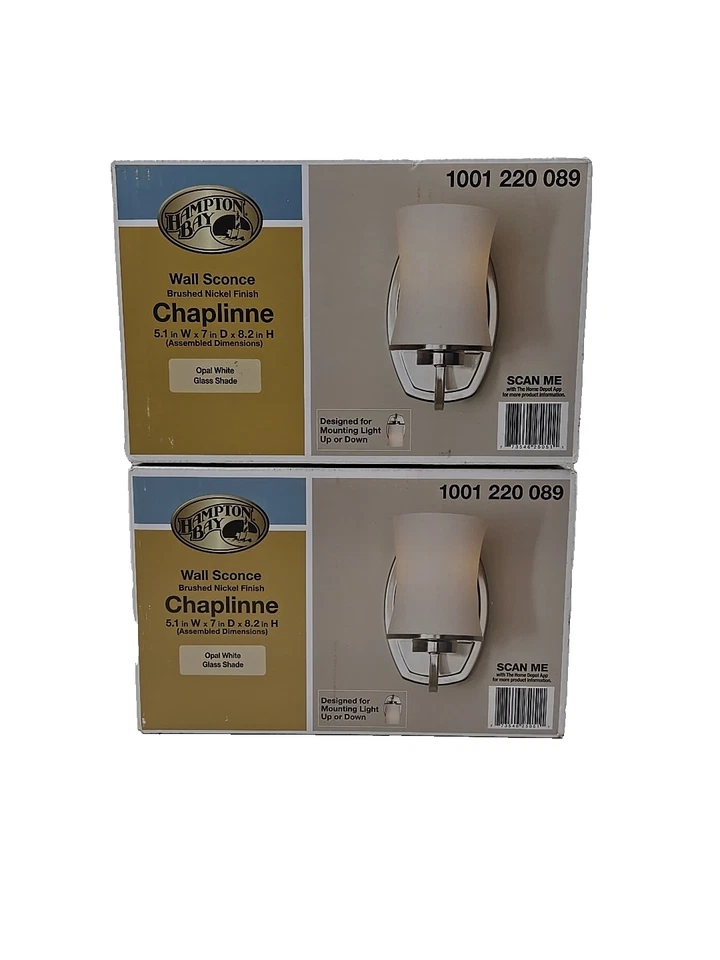 Juego de 2 - Aplique Hampton Bay Chaplinne 1 luz níquel satinado tono blanco esmerilado Foto 2 de 3