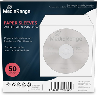 MediaRange Papiertaschen für 1 Disc, mit Lasche und Sichtfenster, weiß, 50er Pac