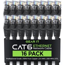 16-Pack 1 ft Black Cat 6 Ethernet Cable, 10Gbps, RJ45, Snagless, Gold-Plated