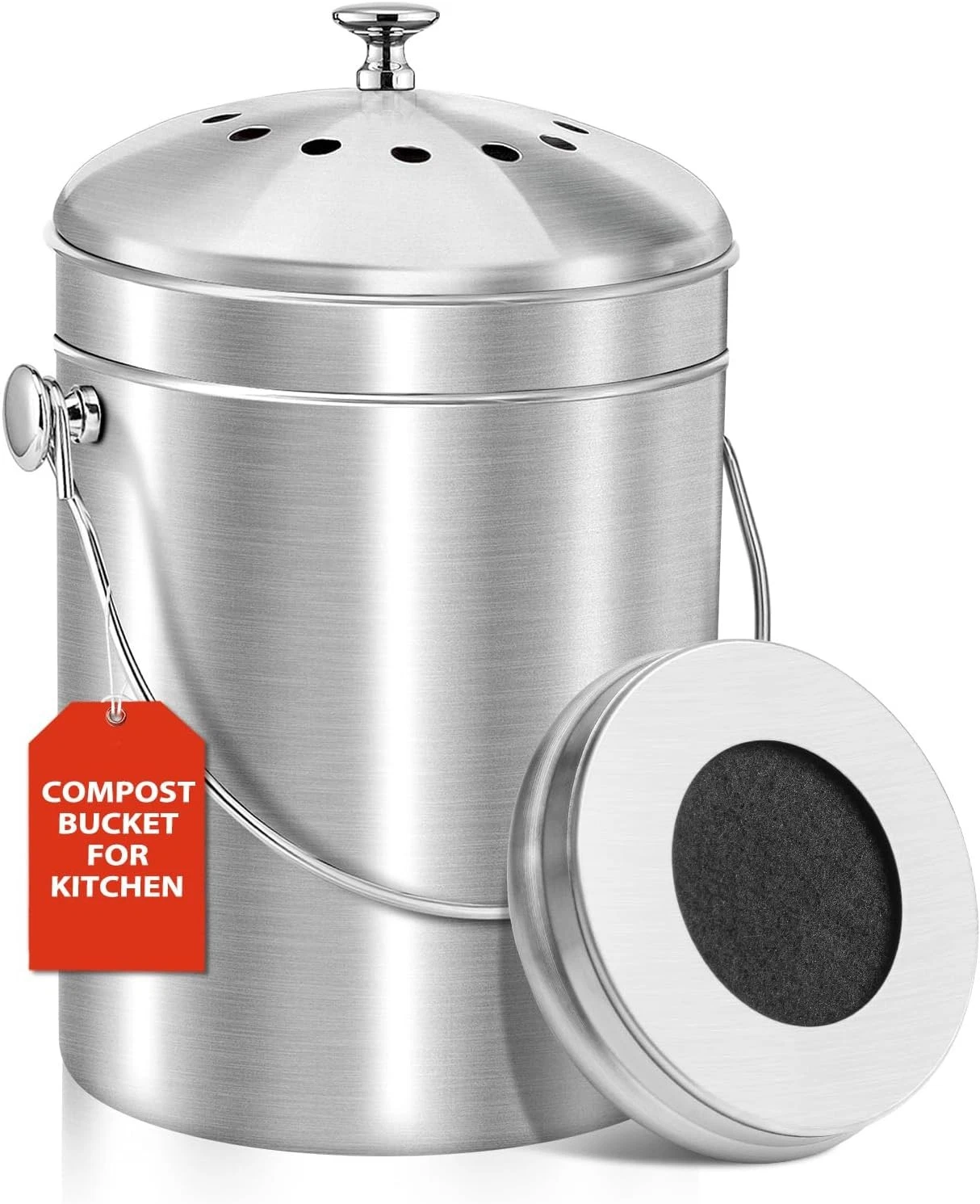 ENLOY Compost Bucket for Kitchen Countertop, 1.3 Gallon Brilliant Steel