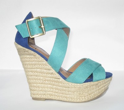 DELICIOUS ~ COLOR BLOCK ESPADRILLE WEDGE ~ FAUX SUEDE ~ 2 X STRAP ~ TEAL / BLUE | eBay