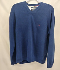 Tommy Hilfiger Men's Sweater Size L Blue Pullover V Neck Long Sleeve Logo Knit