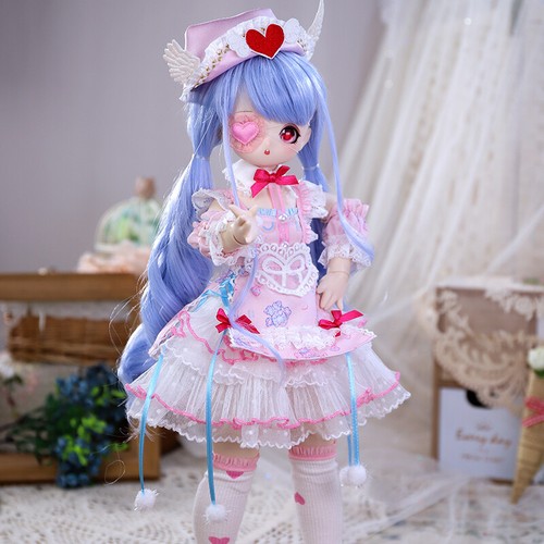 1/4 BJD Doll 40cm Height Girl Doll with Pink Dress Red Eyes Blue Hair Wig Kawaii - Picture 4 of 7