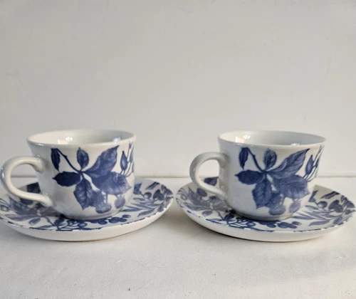 Set of 2 Century Stoneware Cup/Saucer-Cup 2 3/4"H x 4.5"D-Saucer 6"D Blue White