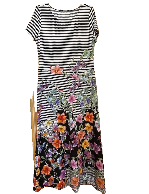 MAXI DRESS  Size Med   Tropical Jersey Maxi Dress Floral Navy and  white stripe-image