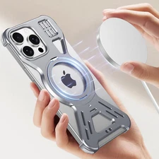 For iPhone 16 Pro Max 16 15 Metal Frameless Mag Safe Case w/ 360° Rotable Stand