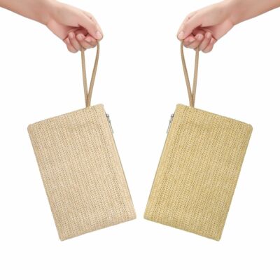 Bohemian Straw Clutch Bag Zipper Wristlet Summer Beach Handbag for Women Girls