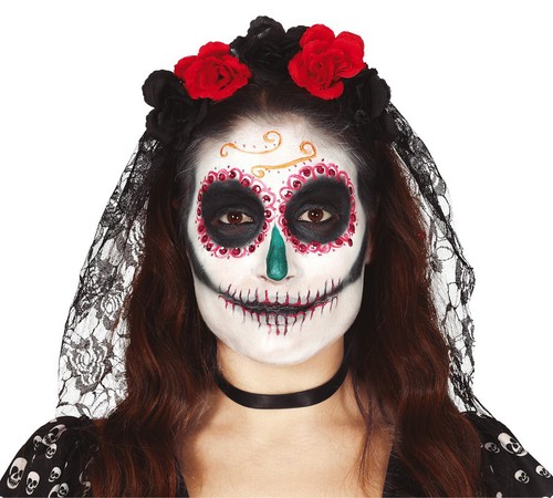 Black Lace Veil Tiara Red Flowers Halloween Ladies Mexican Fancy Dress NEW - Picture 3 of 3