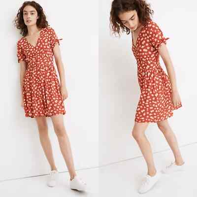 Madewell Size 0 Happy Hibiscus Red-Orange Floral Button Tie-Sleeve Retro  Dress | eBay