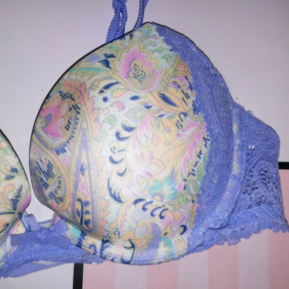 Sujetador Victoria Secret 32C Dream Angels Push Up Azul Multi Paisley Borde de Encaje 2015 Foto 3 de 4