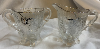 VIKING GLASS #42  Four Toed Open Sugar & Creamer SILVER CITY Springtime Overlay