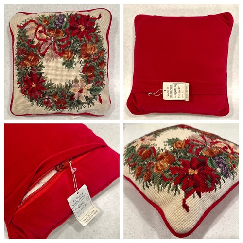 NEW Needlepoint Christmas Wreath Pillow 100% Wool & 100% Cotton Red Velvet