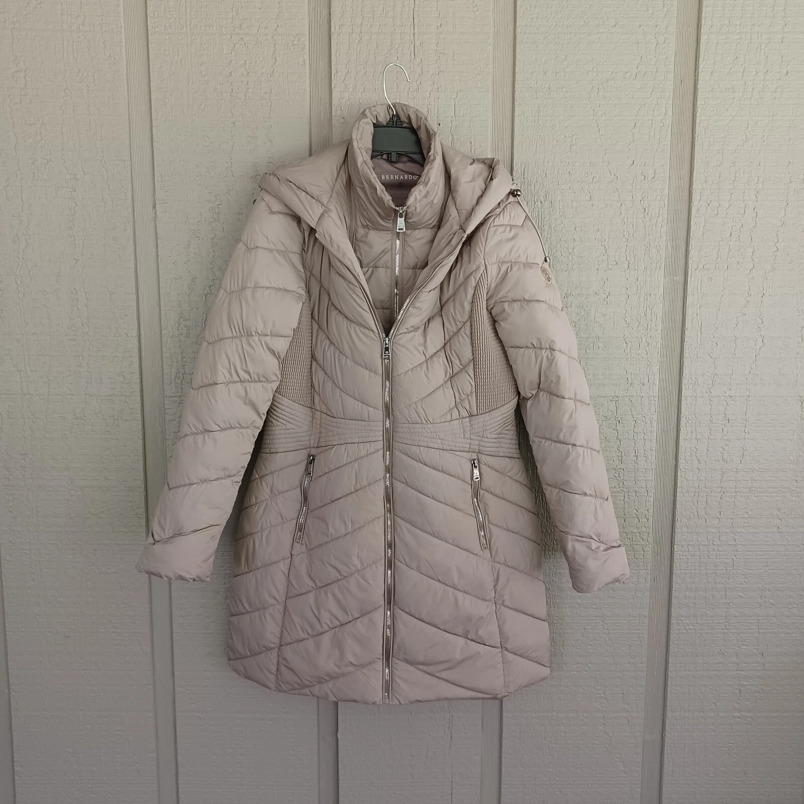 Bernado Ecoplume Hood Walker Coat Size L Women Full Zip Removable Bib In Frappe