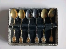 Set Of 6 Vintage Metal Baby/Miniature Spoons Stamped Italy, Ornate Handle In Box