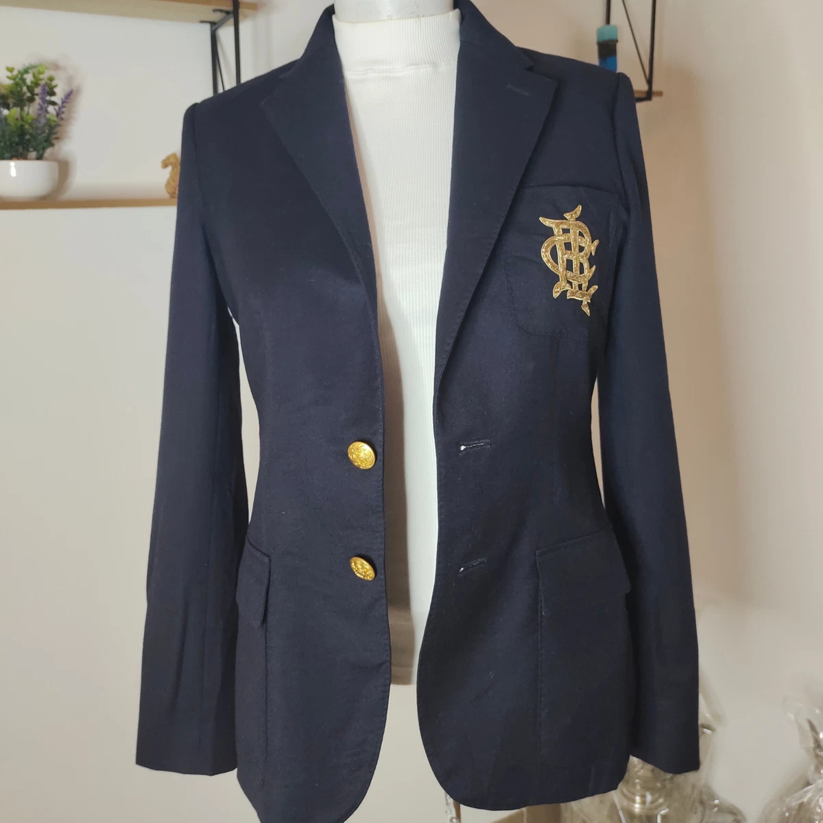 LAUREN RALPH LAUREN Tailored Jacket Coat Navy RLC Logo Wool Women made in  italy