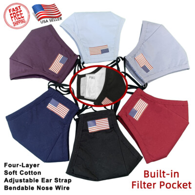 Reusable Washable Four Layers 100% Cotton Mask with Filter Pocket and Nose Wire