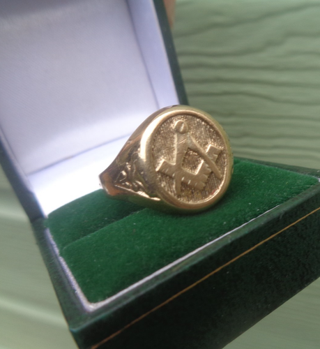 9ct Doré Maçonnique Bague Grand Vintage Poinçon 1974 London Taille Z 5.6 Gram - Photo 2/6