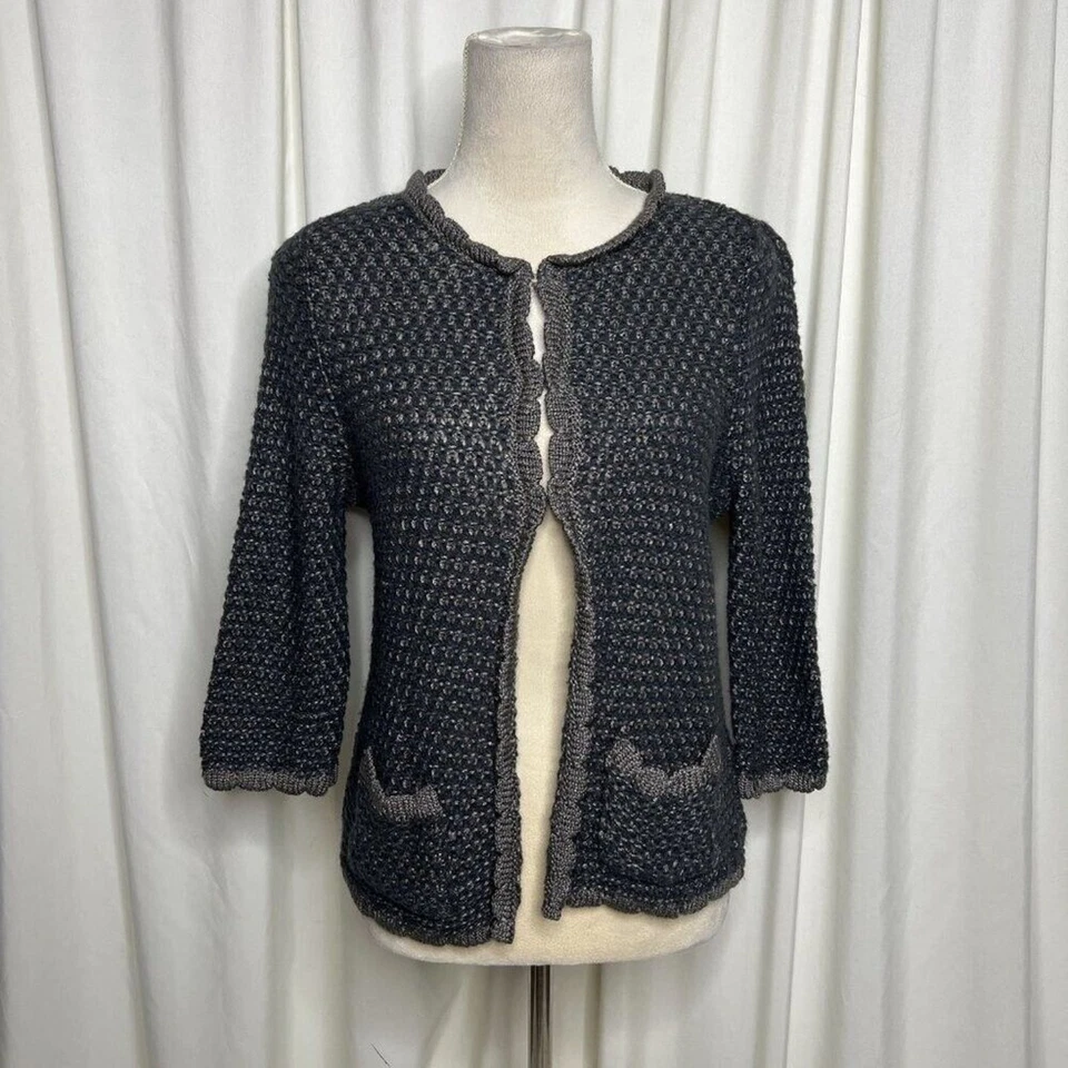 Cárdigan abierto Per Una tejido a ganchillo dobladillo festoneado gris bolsillos para mujer 14 Preppy Foto 2 de 4