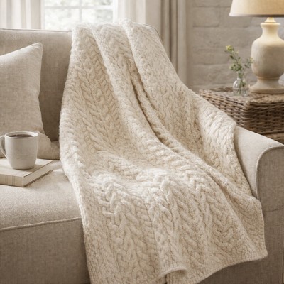 Aran Mor Ireland 100% Merino Wool Throw Blanket Cable Knit Cream Ivory 35 X 58 
