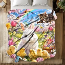 Easter Bunny Chicks And Kitten Coral Fleece Blanket Spring Decor