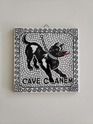 Cave Canem Beware of Dog Pompeii Mosaic Ceramic Wall Tile Hanging 4x4in Italy