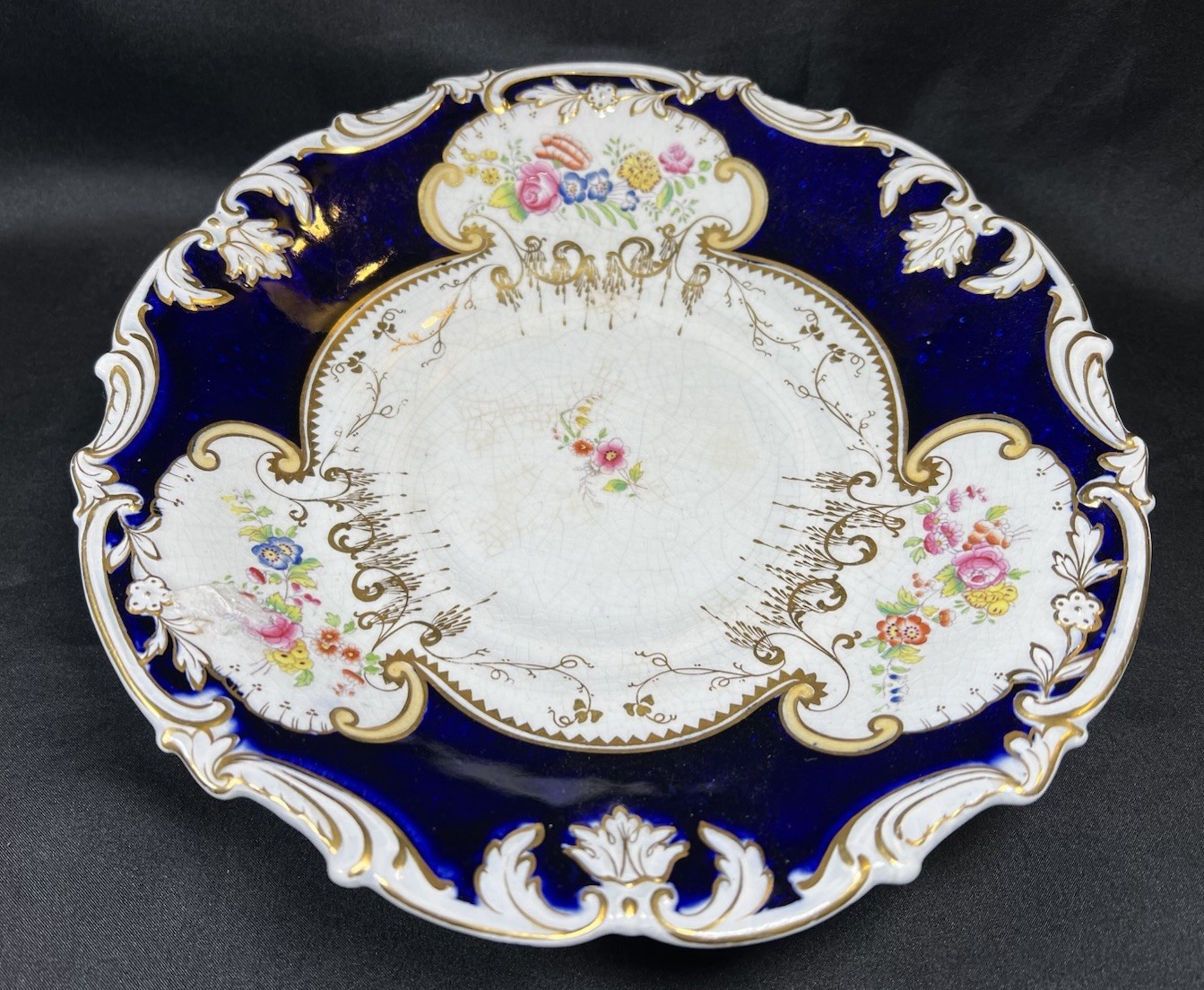 Antique Pedestal Compote Plate Cobalt Blue Gold Gilt Porcelain Opaque Stamped